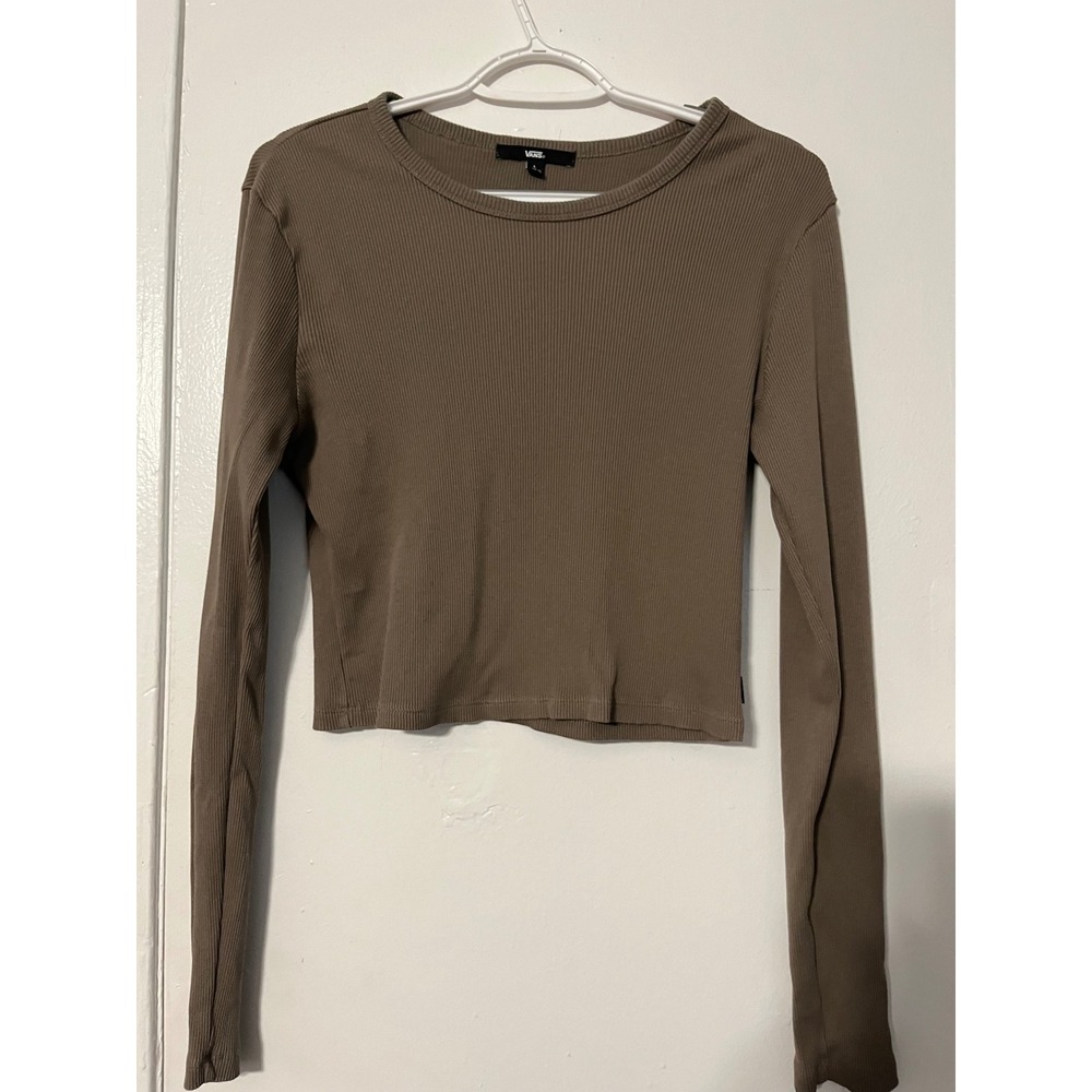 Vans Women Brown Ribbed Long Sleeve Crop Top Crew Neck Cotton Size L